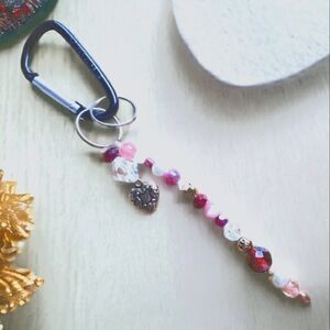 Rose Quartz, Crystal & Gold Handcrafted Keychain w Heart Fob